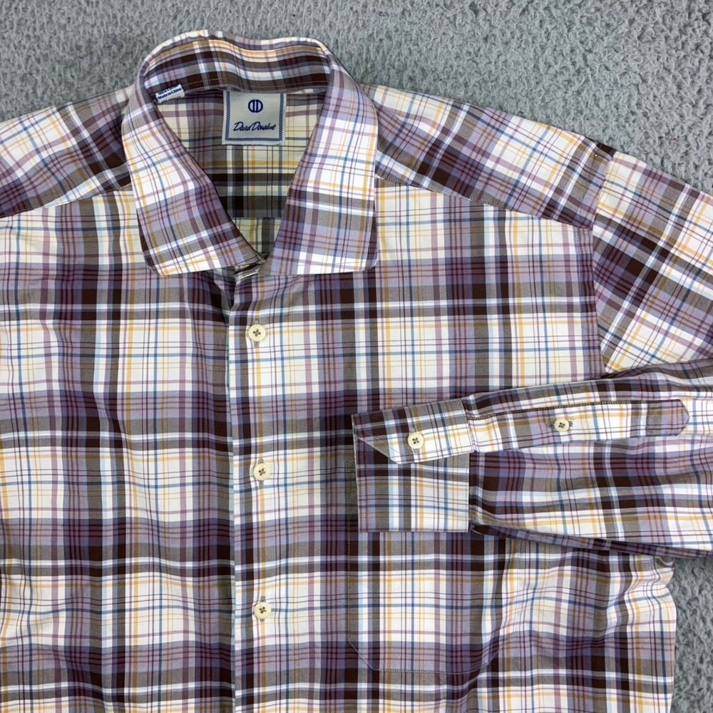 David Donahue Plaid Button Front Shirt Men Large Brown Purple Yellow Casual
